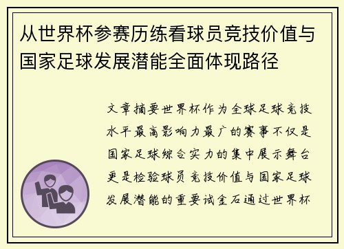 从世界杯参赛历练看球员竞技价值与国家足球发展潜能全面体现路径